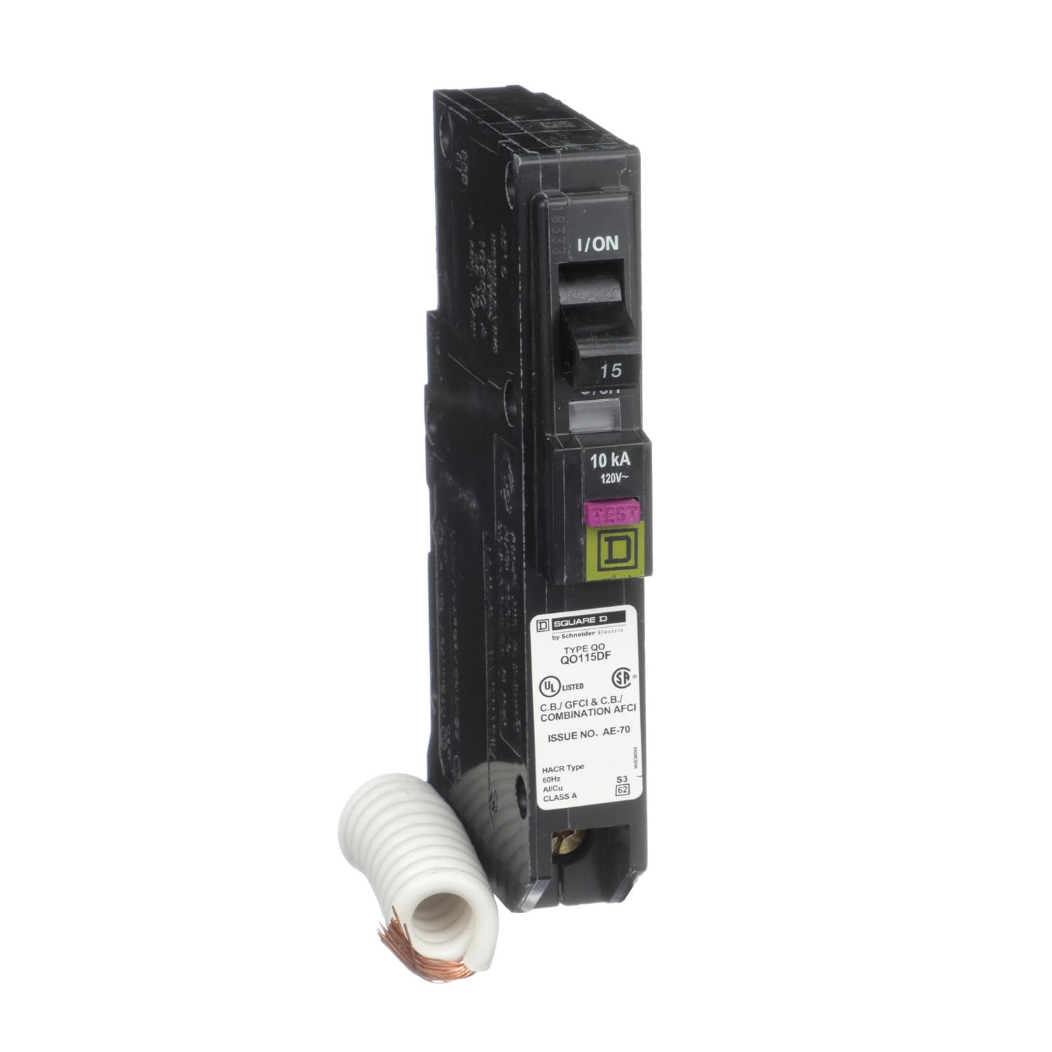 Square D QO115DFC breaker front view offering dual protection.