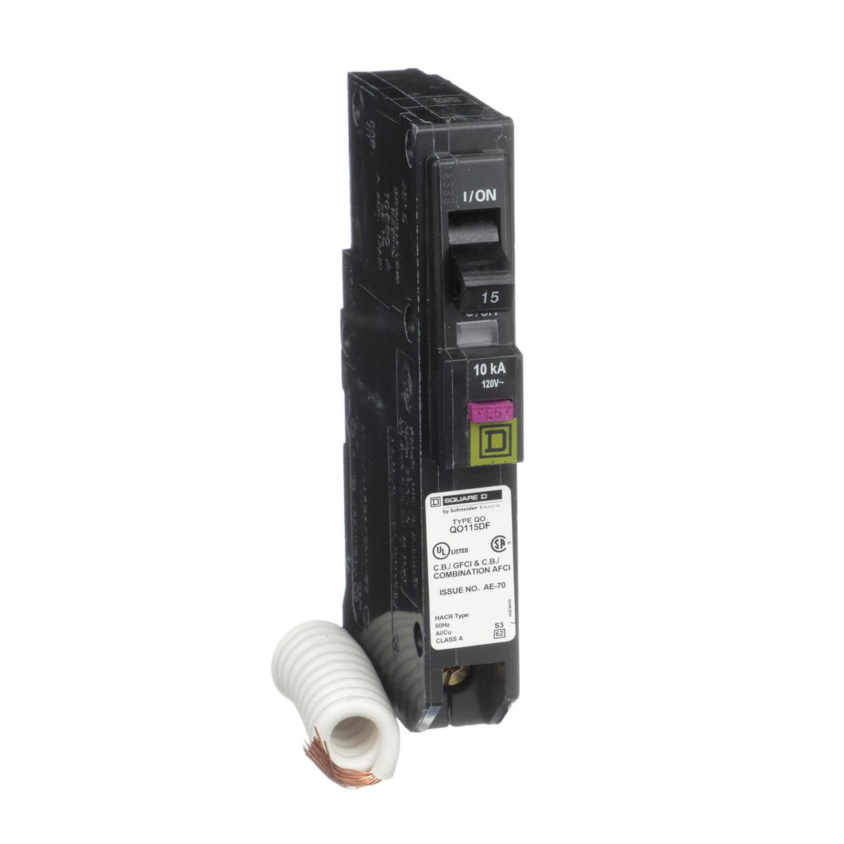 Square D QO115DFC breaker front view offering dual protection.