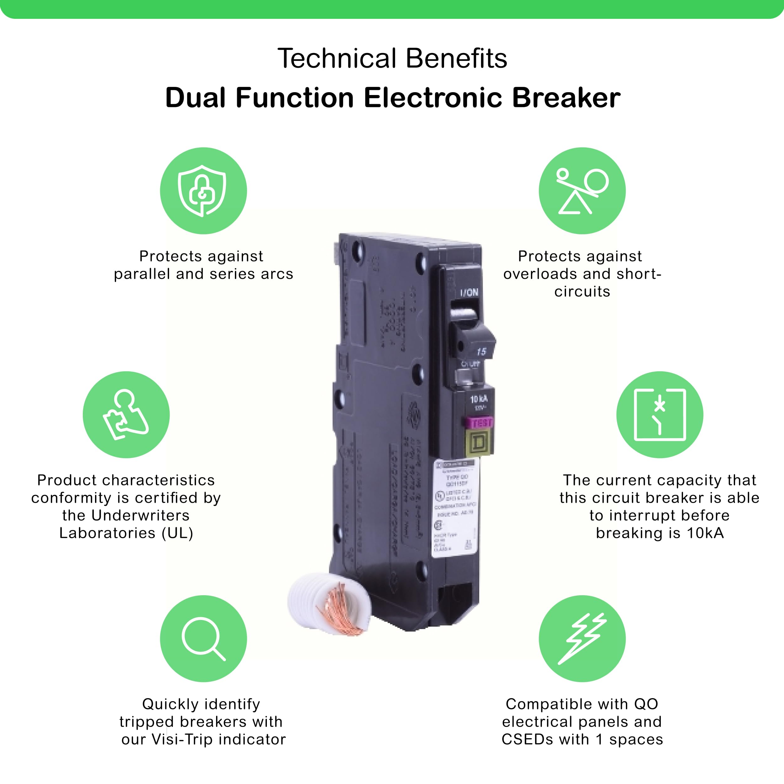Square D QO115DFC breaker side view for quick plug-on installation.