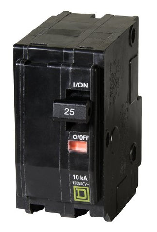 Square D QO225CP packaging label detailing ratings and 25 amp capability