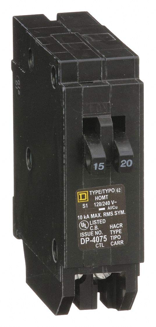 Square D HOM tandem plug-in breaker 15/20A for efficient panel expansion in HOM load centers.