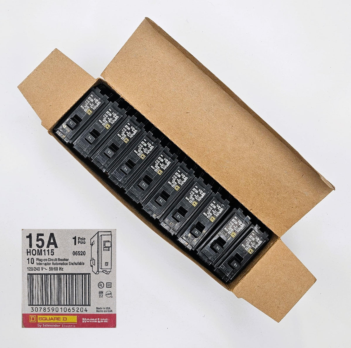 Square D HOM115 circuit breaker front view with plug-in design for quick panel upgrades