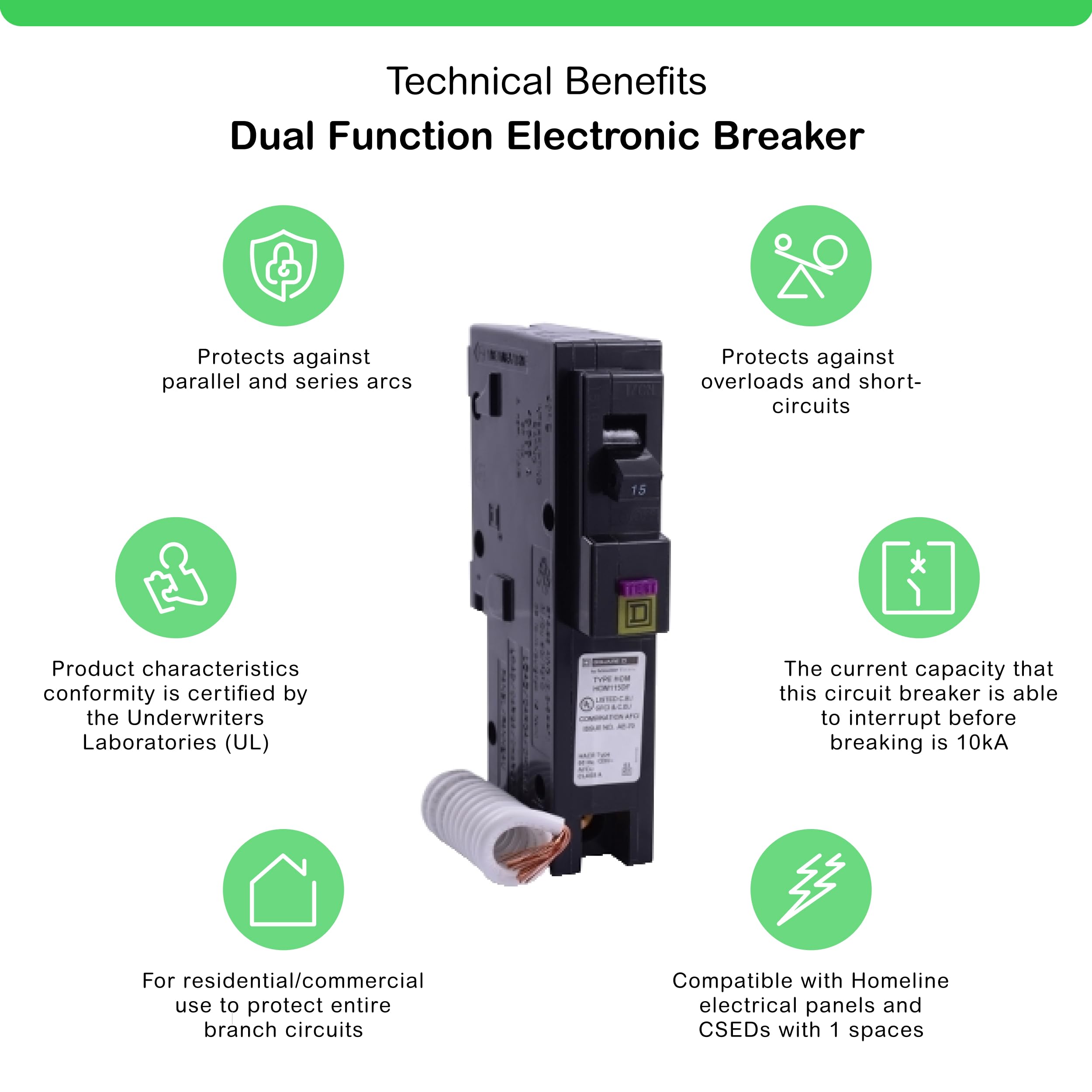 Square D HOM115DFC side profile highlights easy plug-on installation.