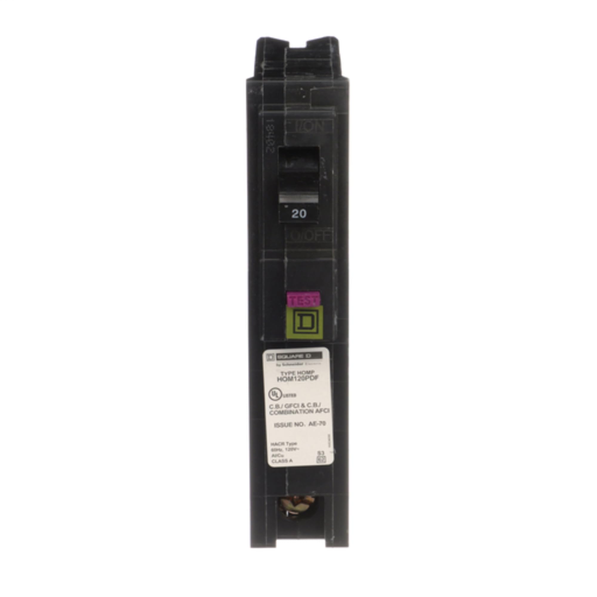 Square D HOM120PDFC dual-function breaker front view with CAFCI and GFCI protection.