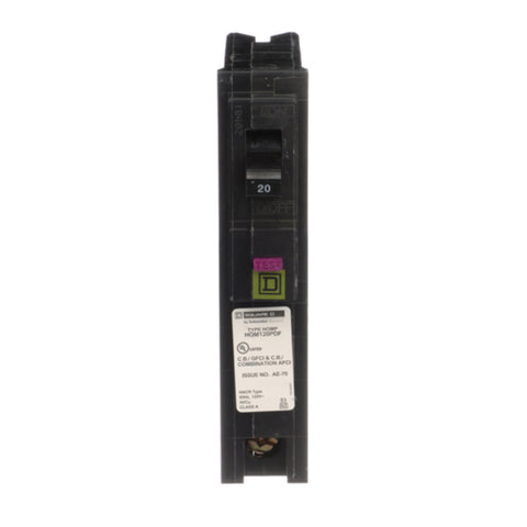 Square D HOM120PDFC dual-function breaker front view with CAFCI and GFCI protection.