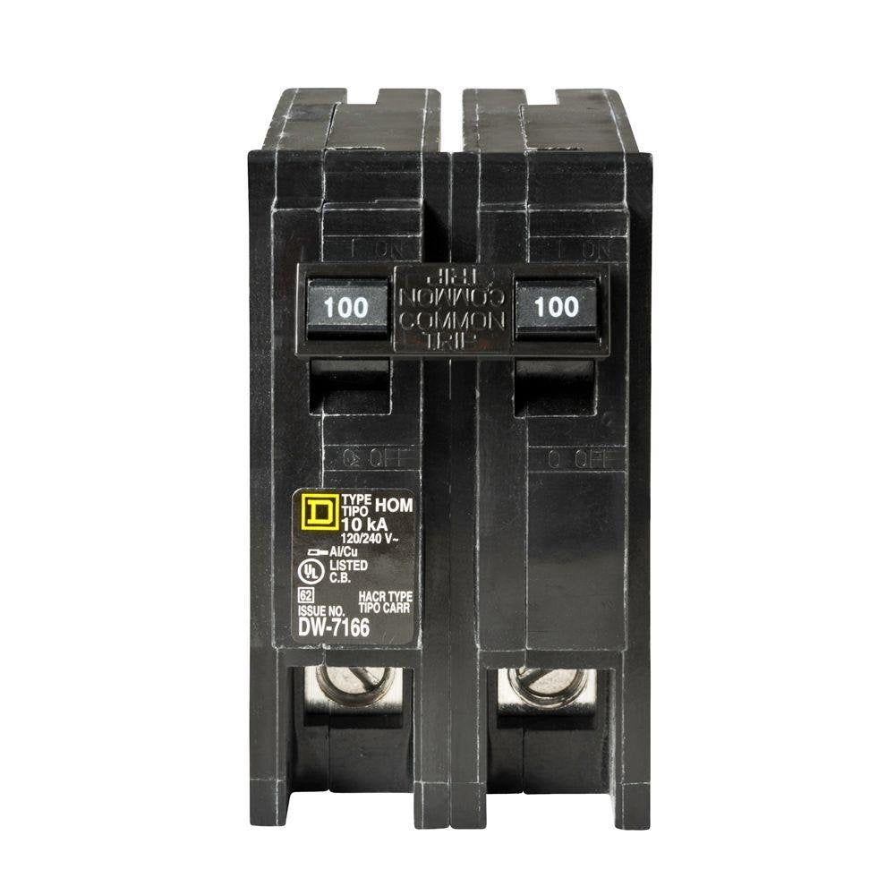 Square D Homeline 100A 2-pole breaker in panel for reliable protection.