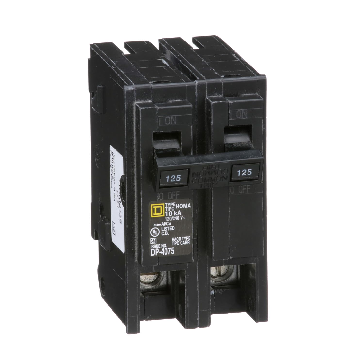 Square D Homeline 125A two-pole front view for compact home circuit protection.