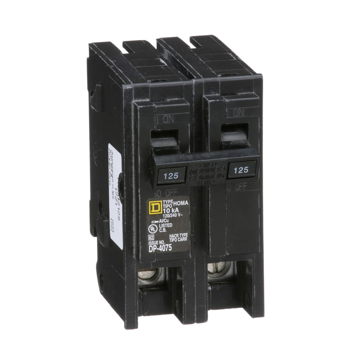 Square D Homeline 125A two-pole front view for compact home circuit protection.