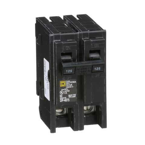 Square D Homeline 125A two-pole front view for compact home circuit protection.