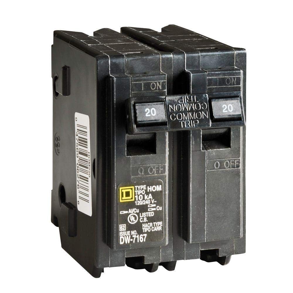 Square D HOM220 Homeline 20A breaker in a residential panel protecting circuits