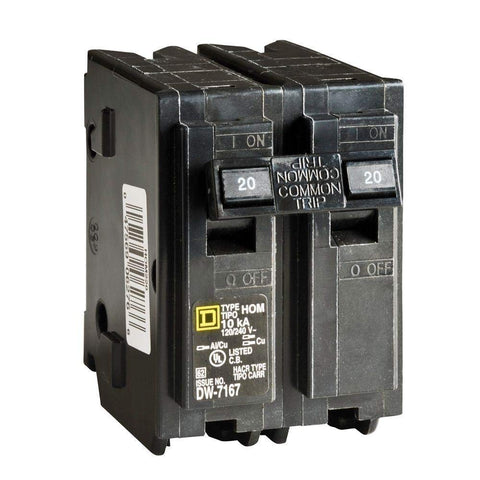 Square D HOM220 Homeline 20A breaker in a residential panel protecting circuits
