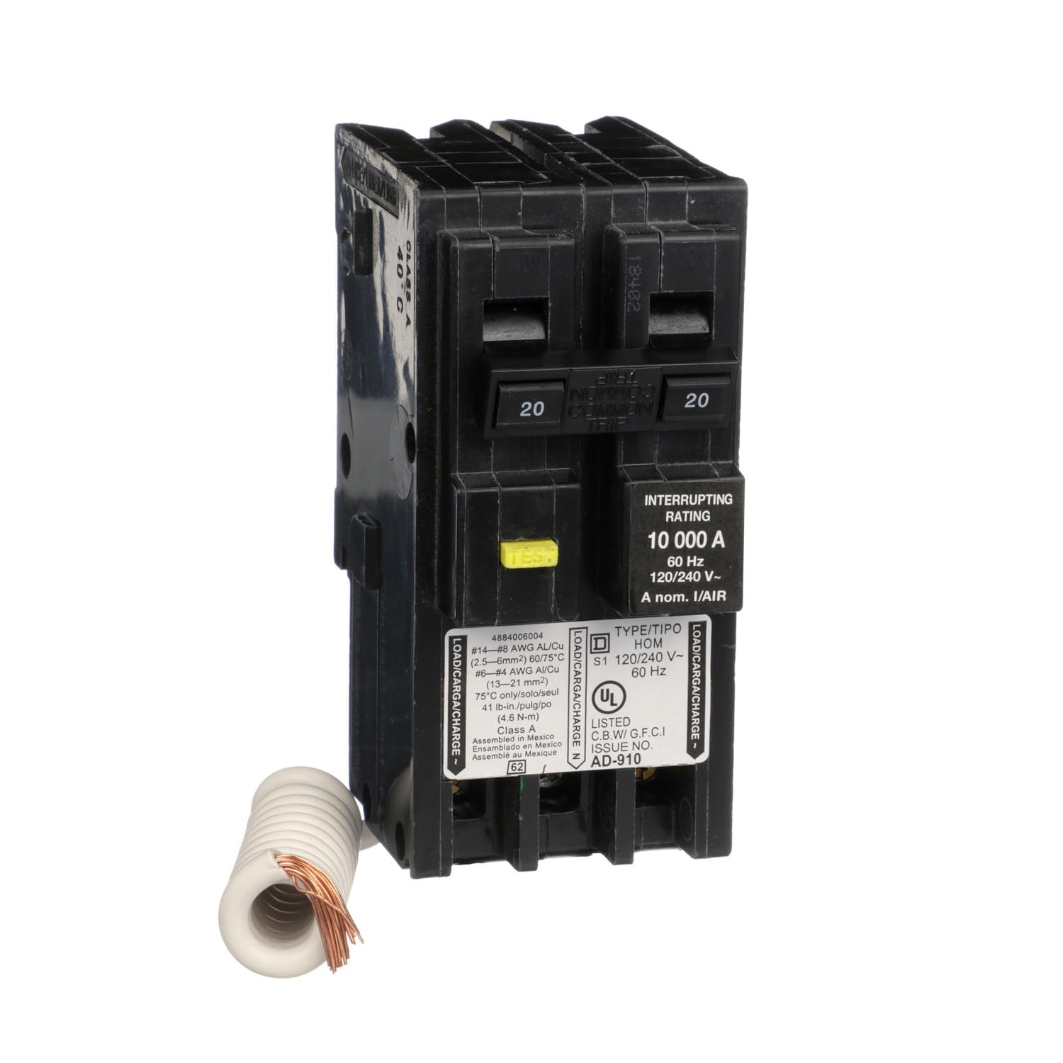 Square D Homeline 20A GFCI breaker front view for residential protection
