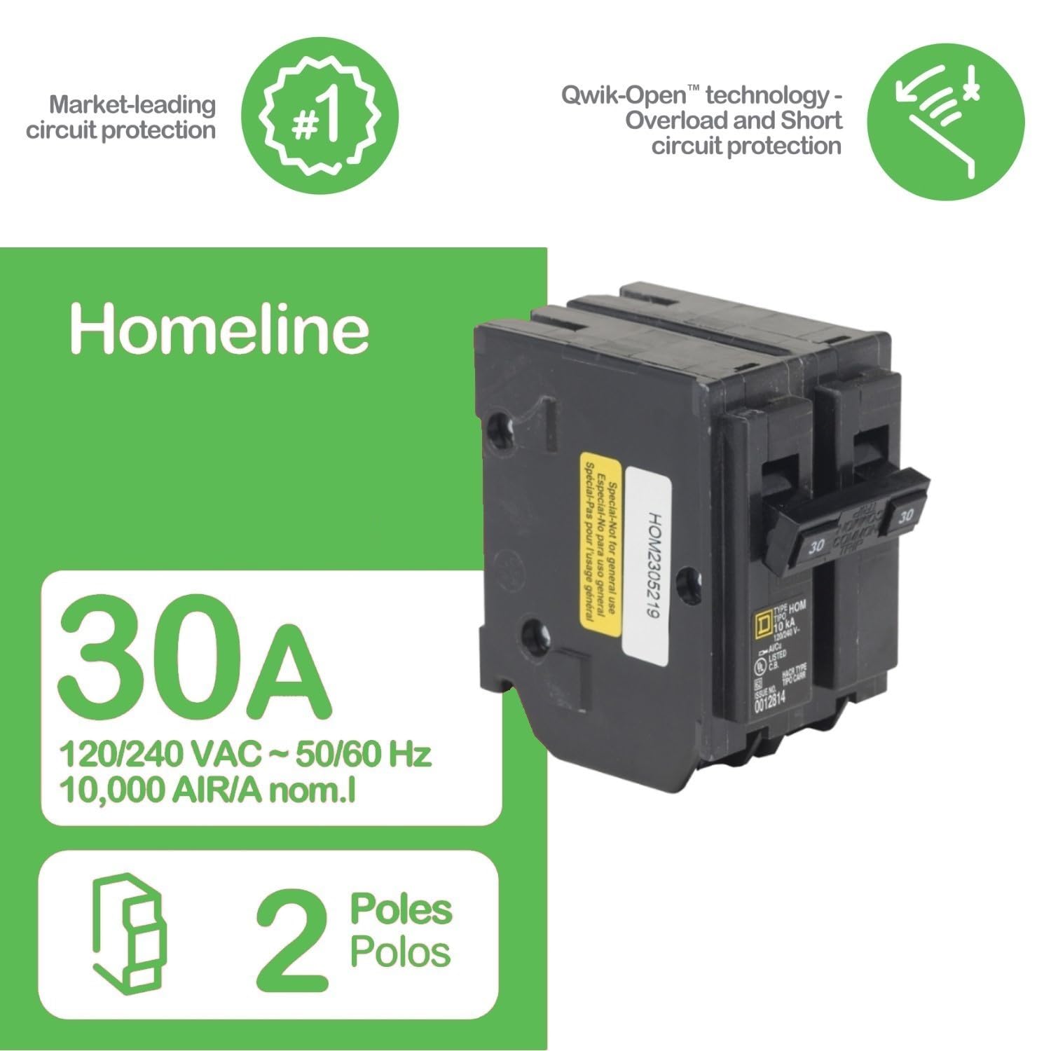 Square D HomeLine 30A two-pole circuit breaker dimensions shown for fit checks