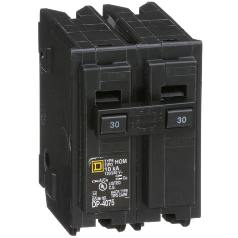 Square D HomeLine 30A two-pole circuit breaker front view for reliable panel protection