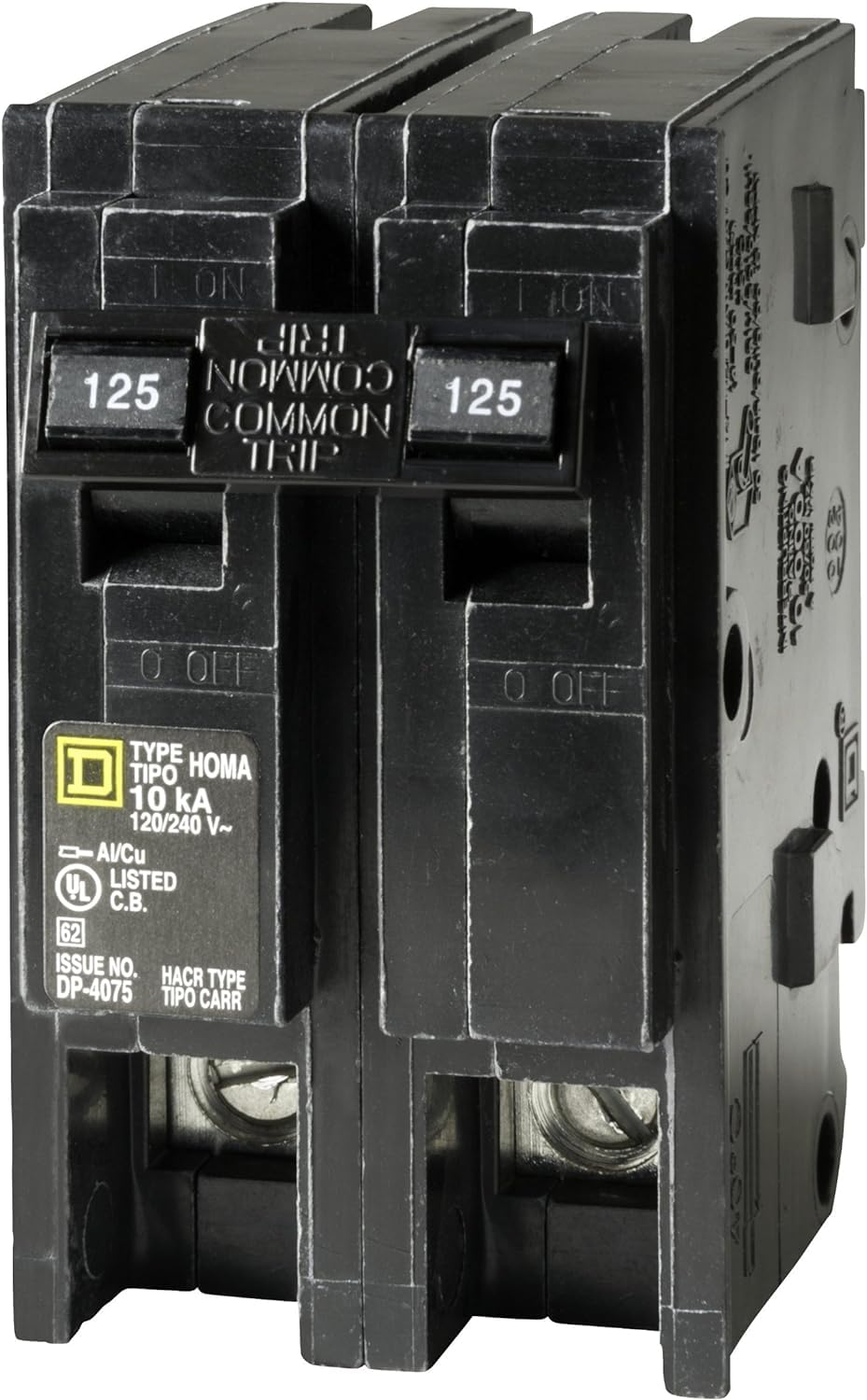 Square D Homeline 125A breaking capacity 10kA illustration underscores reliable interruption.