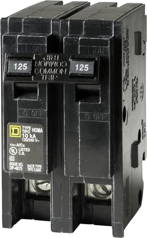 Square D Homeline 125A breaking capacity 10kA illustration underscores reliable interruption.