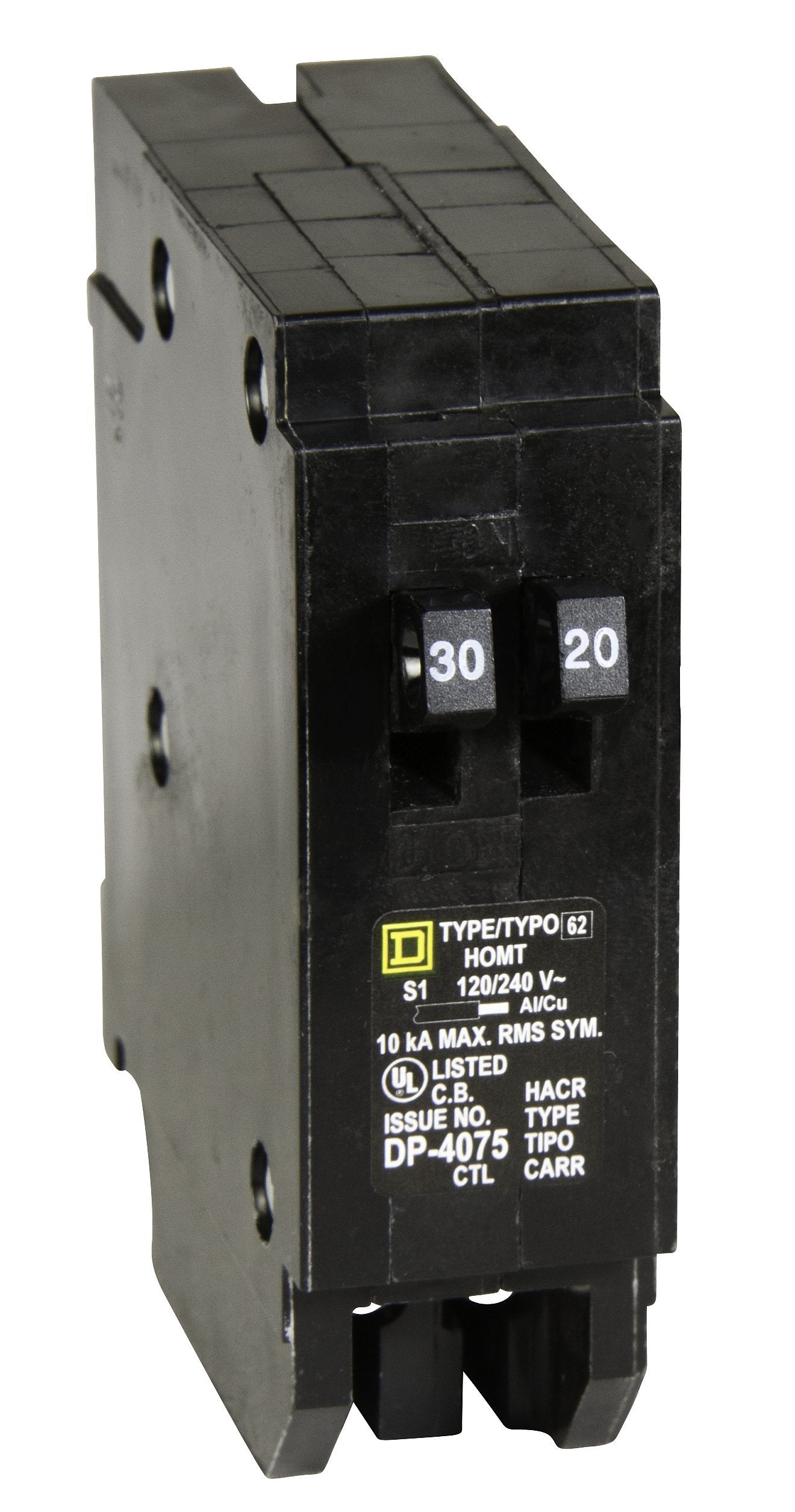 Square D HOMT3020 front view showing space-saving tandem breaker design