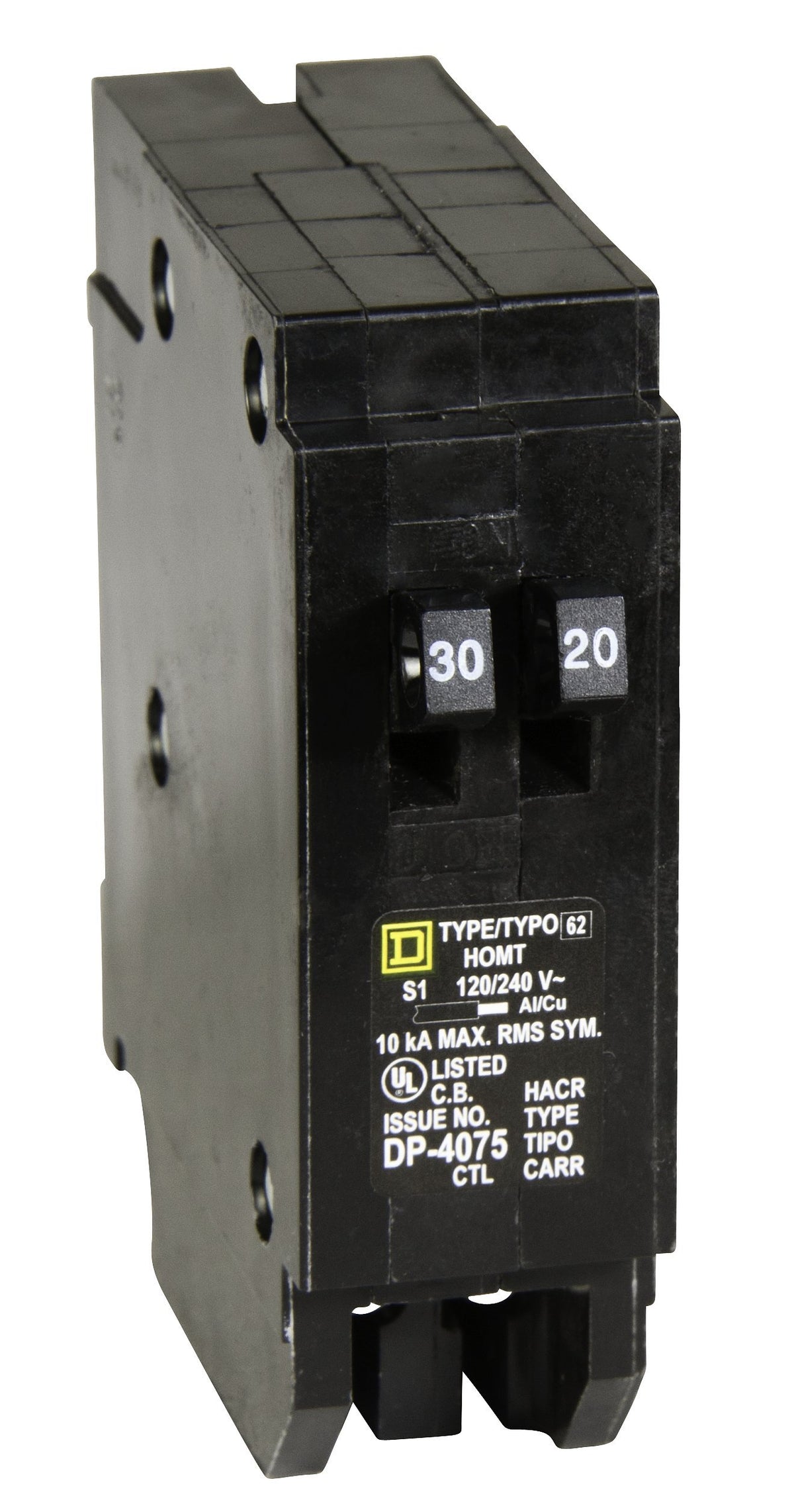 Square D HOMT3020 front view showing space-saving tandem breaker design