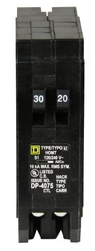 Square D HOMT3020 labels close-up highlighting 30/20 amp rating and compatibility