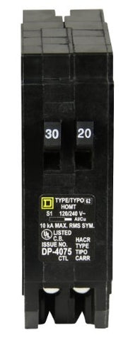 Square D HOMT3020 labels close-up highlighting 30/20 amp rating and compatibility