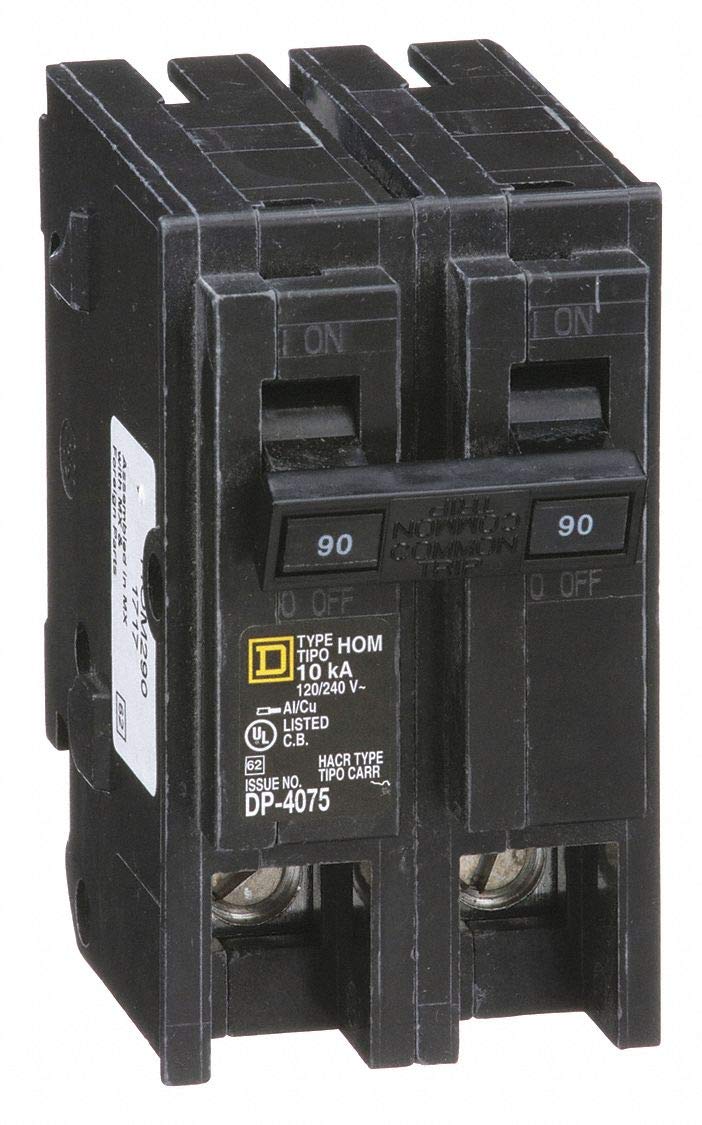 Square D plug-in 2-pole 90A circuit breaker protects Homeline load centers