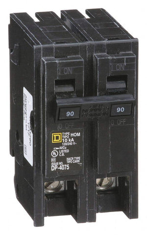 Square D plug-in 2-pole 90A circuit breaker protects Homeline load centers