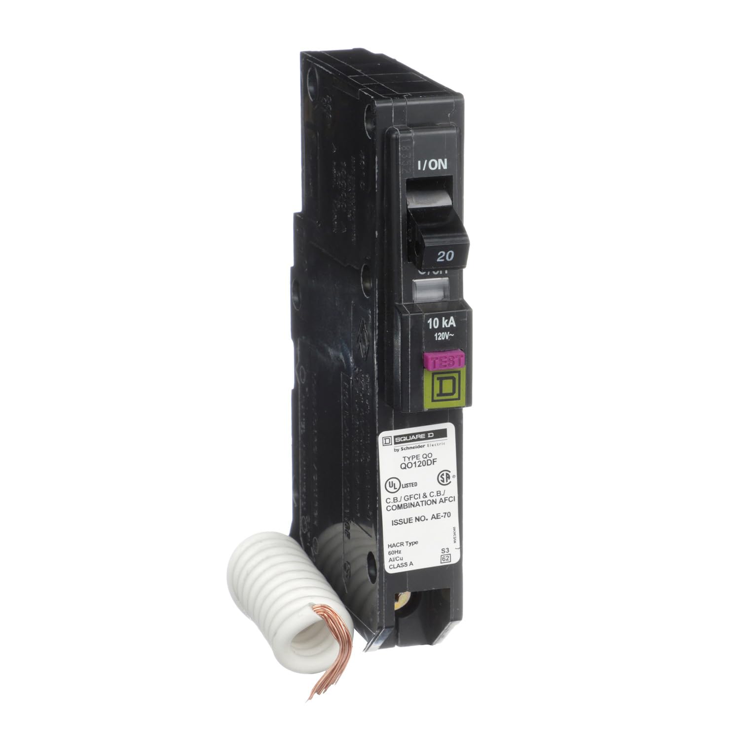 Square D QO120DFC breaker front view showing CAFCI and GFCI dual protection.