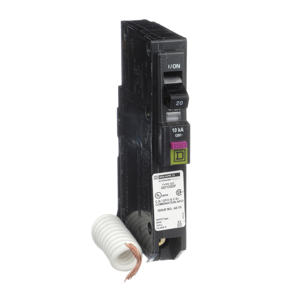 Square D QO120DFC breaker front view showing CAFCI and GFCI dual protection.