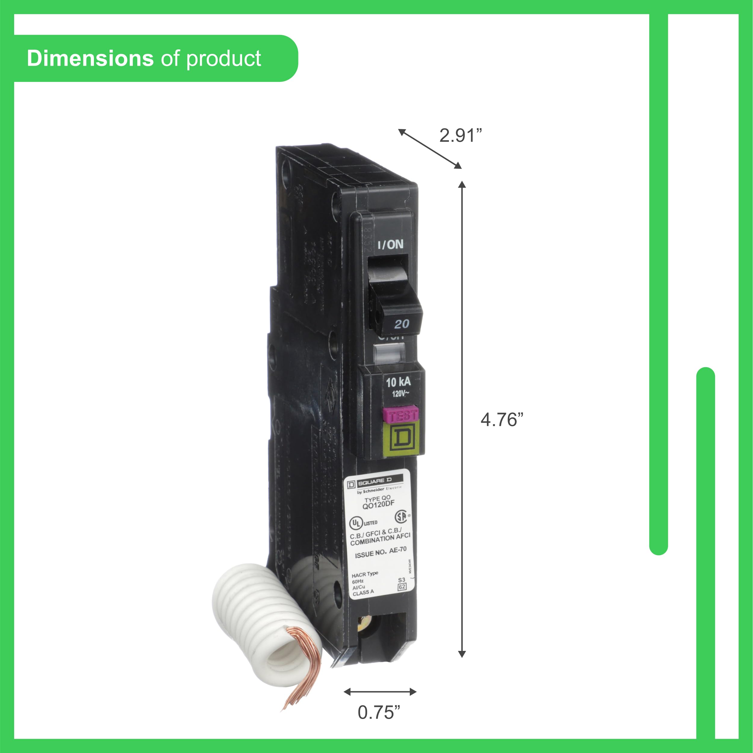 Square D QO120DFC installation view demonstrates plug-on design for quick panel integration.