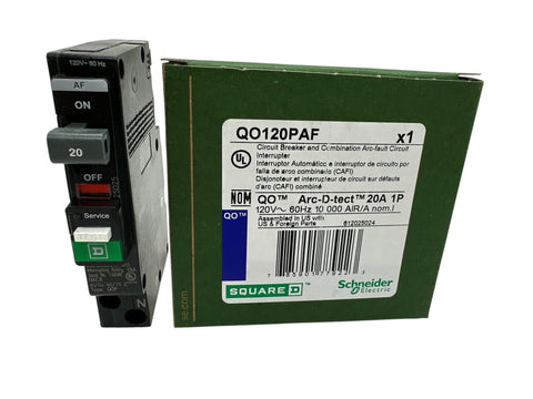 Square D QO120PAF specs chart with 20A 120V 10kA ratings