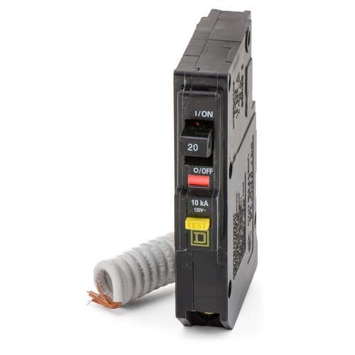 Square D Qwik-Gard QO120GFI front view; 120V 20A protection for circuits.