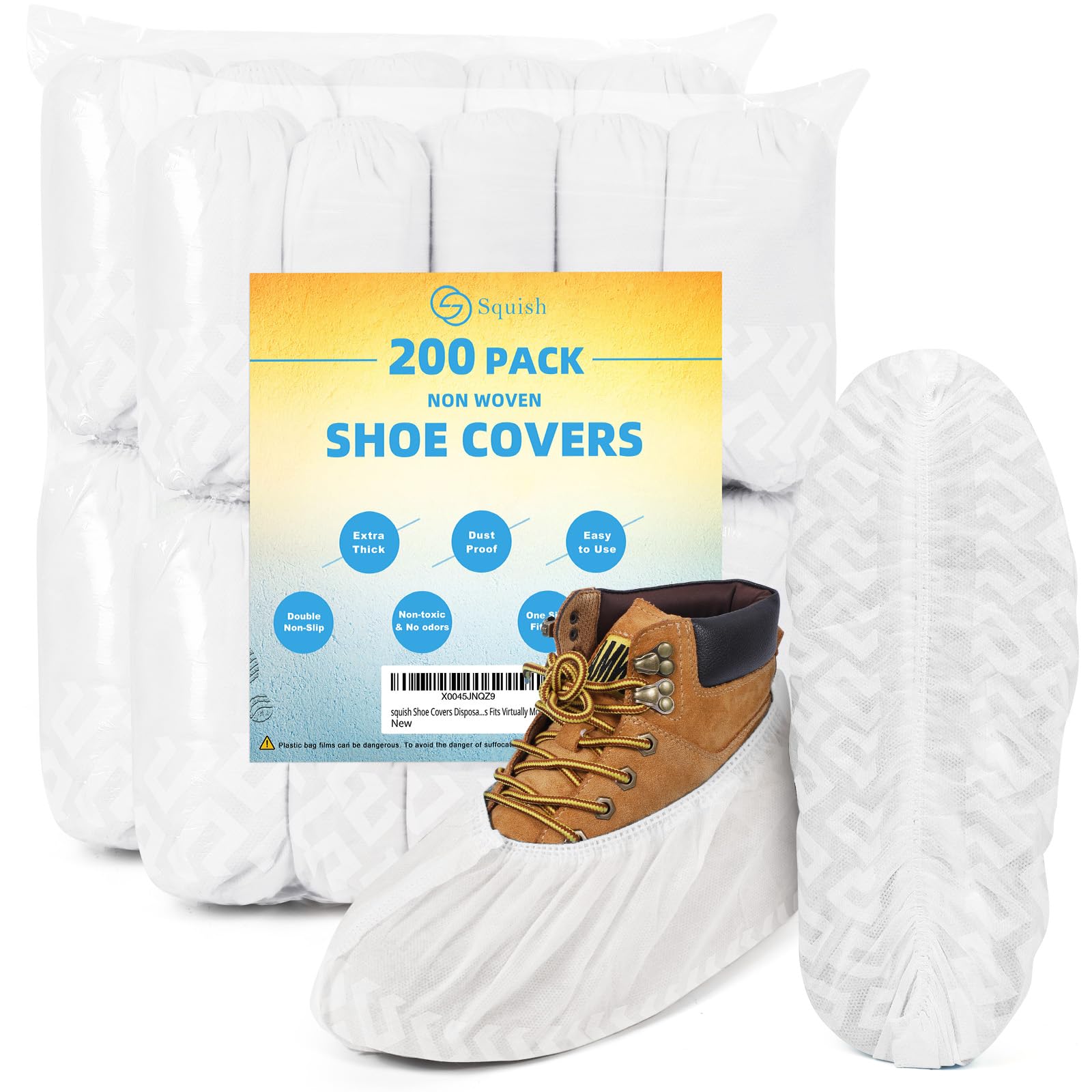 Squish 200-pack shoe covers with non-slip grip for indoor protection