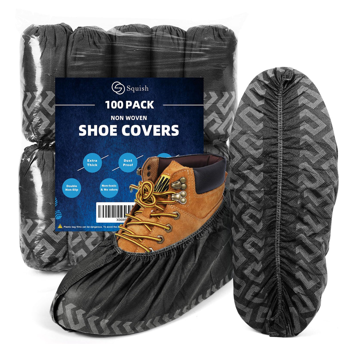 Squish shoe covers with anti-skid sole protect floors on indoor surfaces.