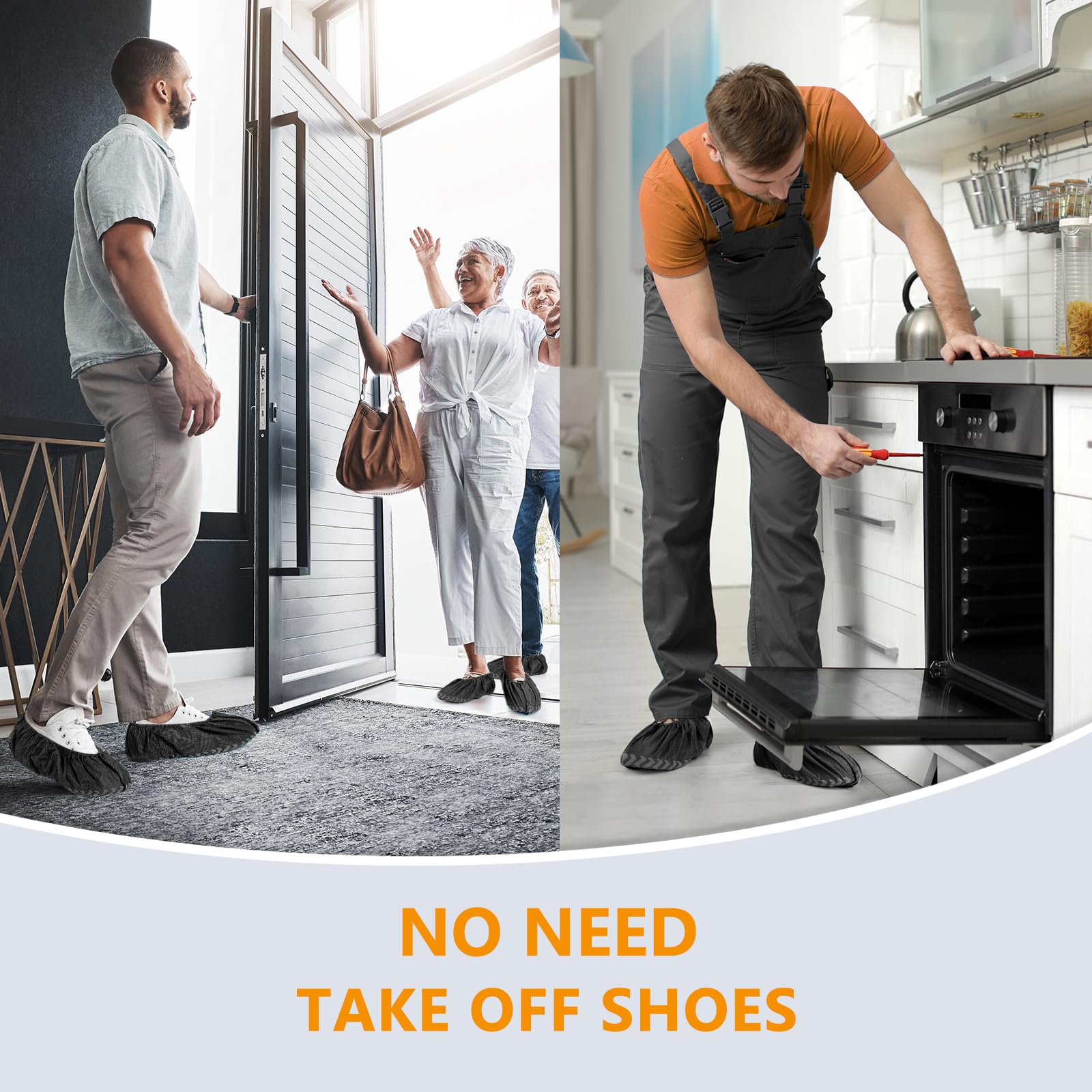 Squish shoe covers open house use in action keeps interiors clean.