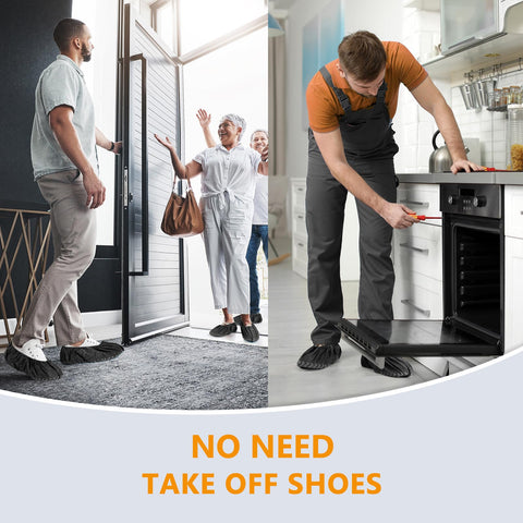 Squish shoe covers open house use in action keeps interiors clean.
