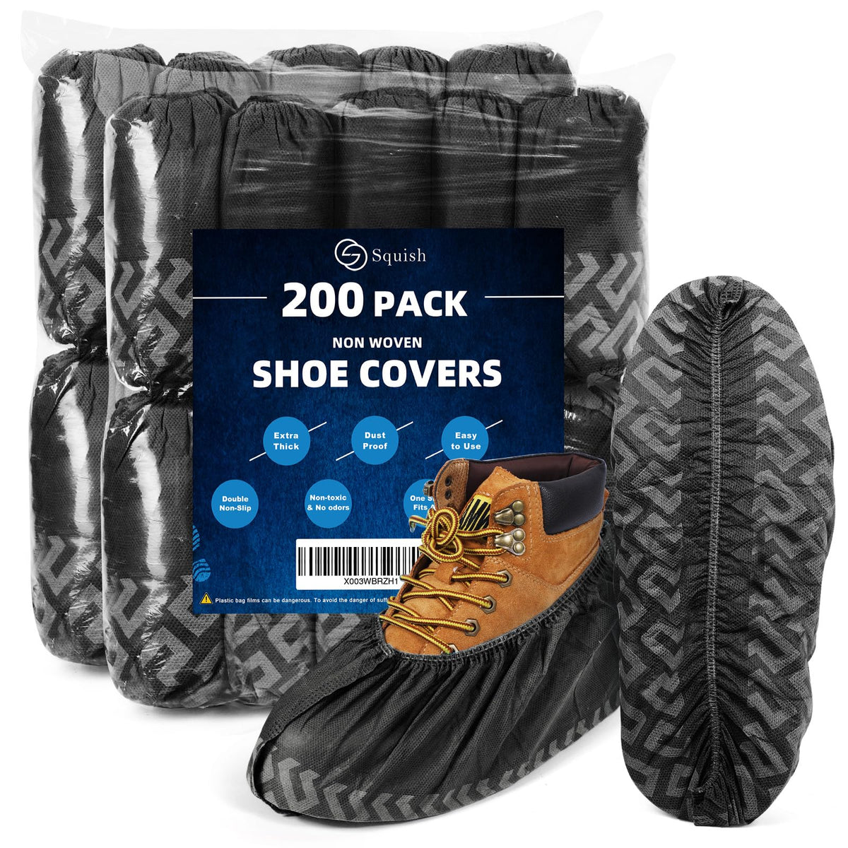 Squish shoe covers 200-pack packaging shows ready-to-use protection for floors and carpets.