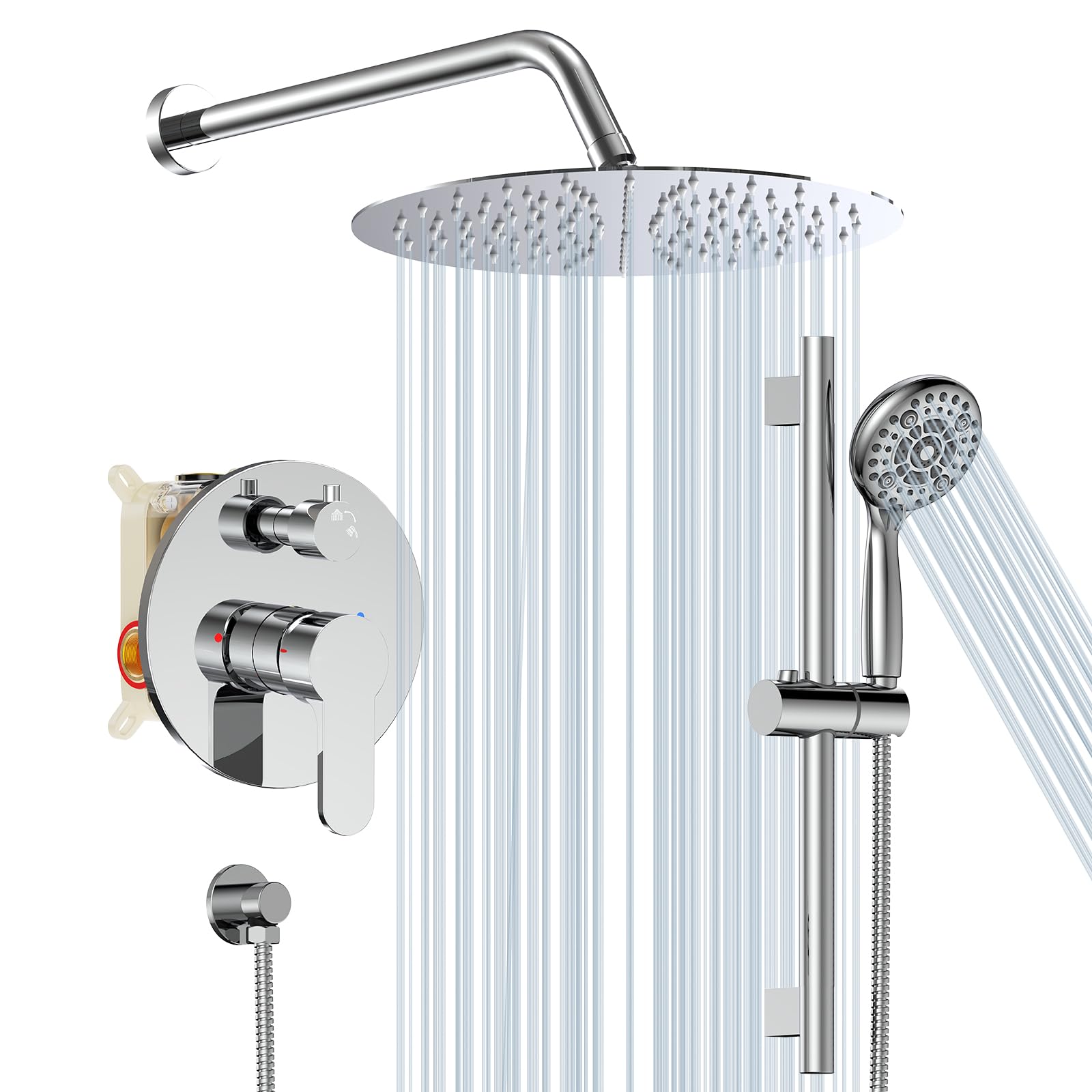 SR SUN RISE 12-inch rain shower head delivering wide coverage for a spa-like feel.