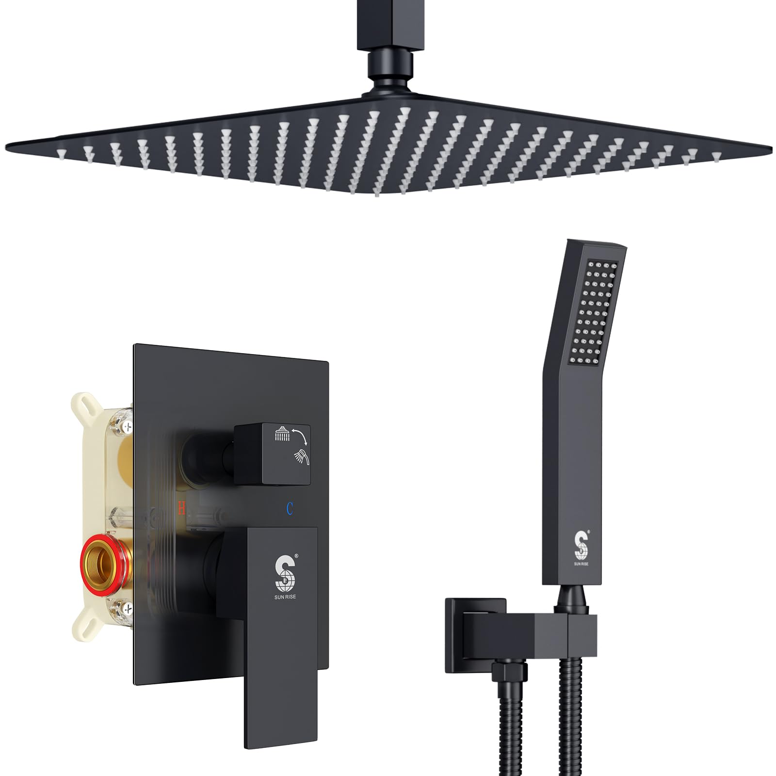 SR SUN RISE 12-inch rain shower head delivers wide coverage for a spa-like shower.