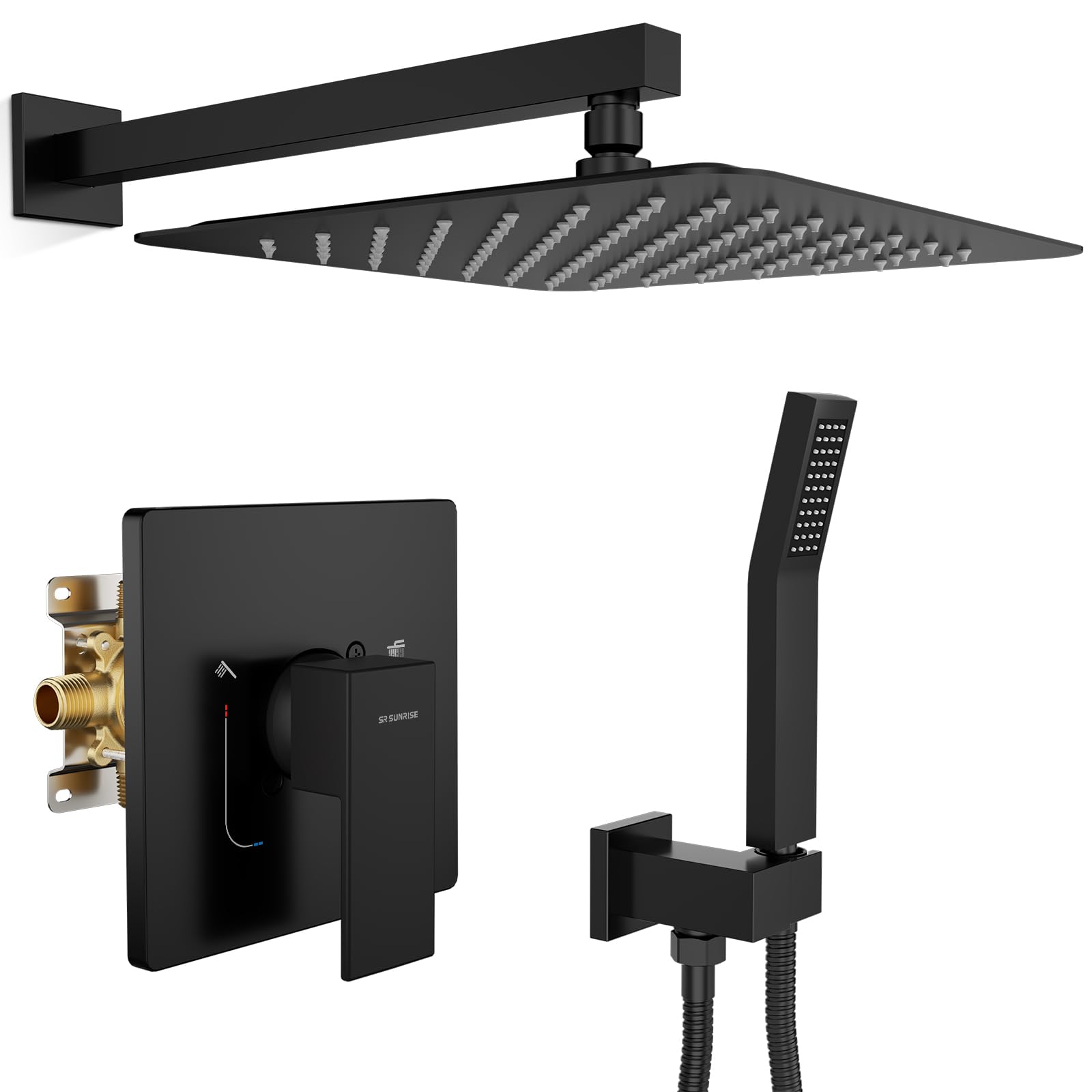 SR SUN RISE 12-inch rainfall shower head in matte black delivers full-body coverage