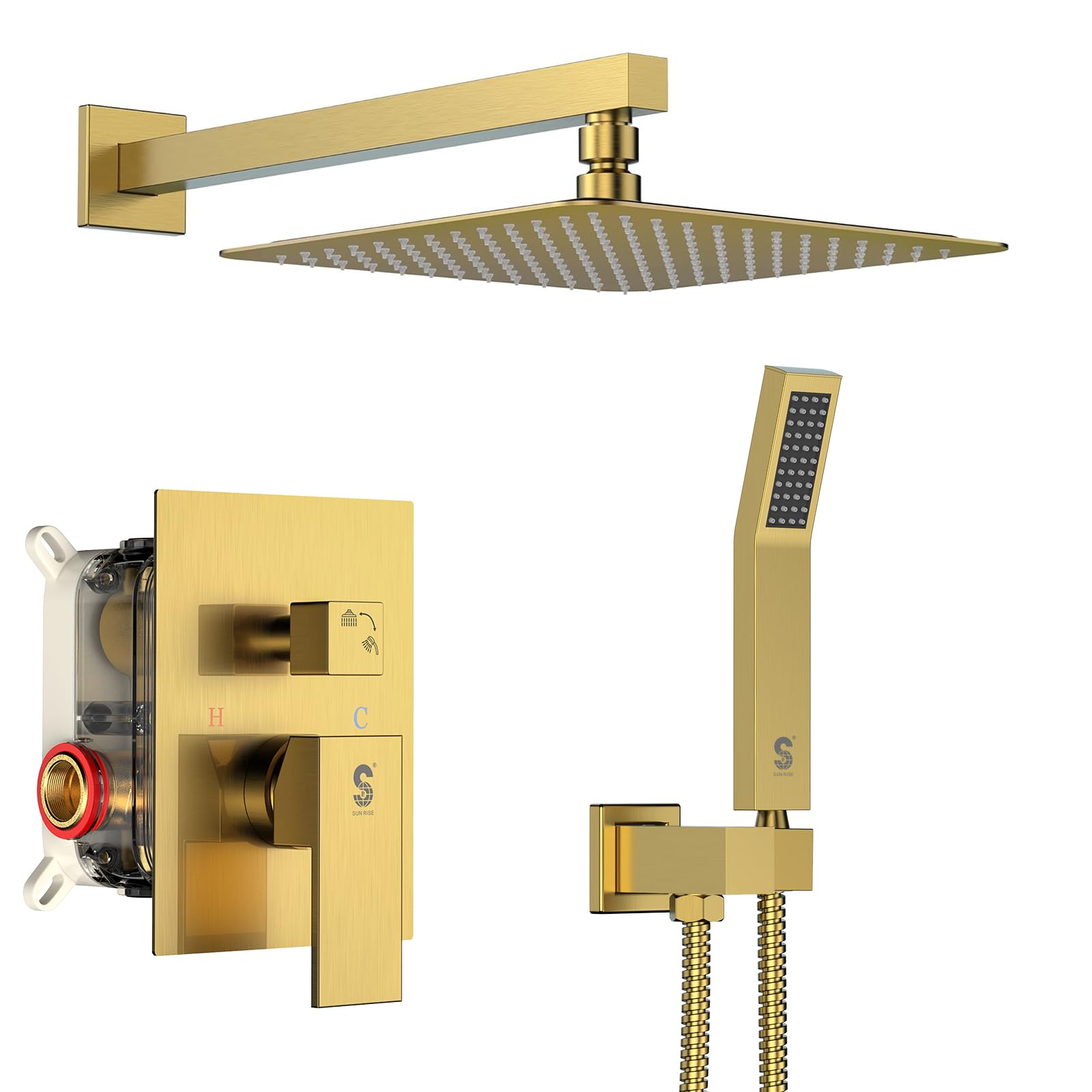 SR SUN RISE brushed gold square rain shower head for a luxurious shower experience.