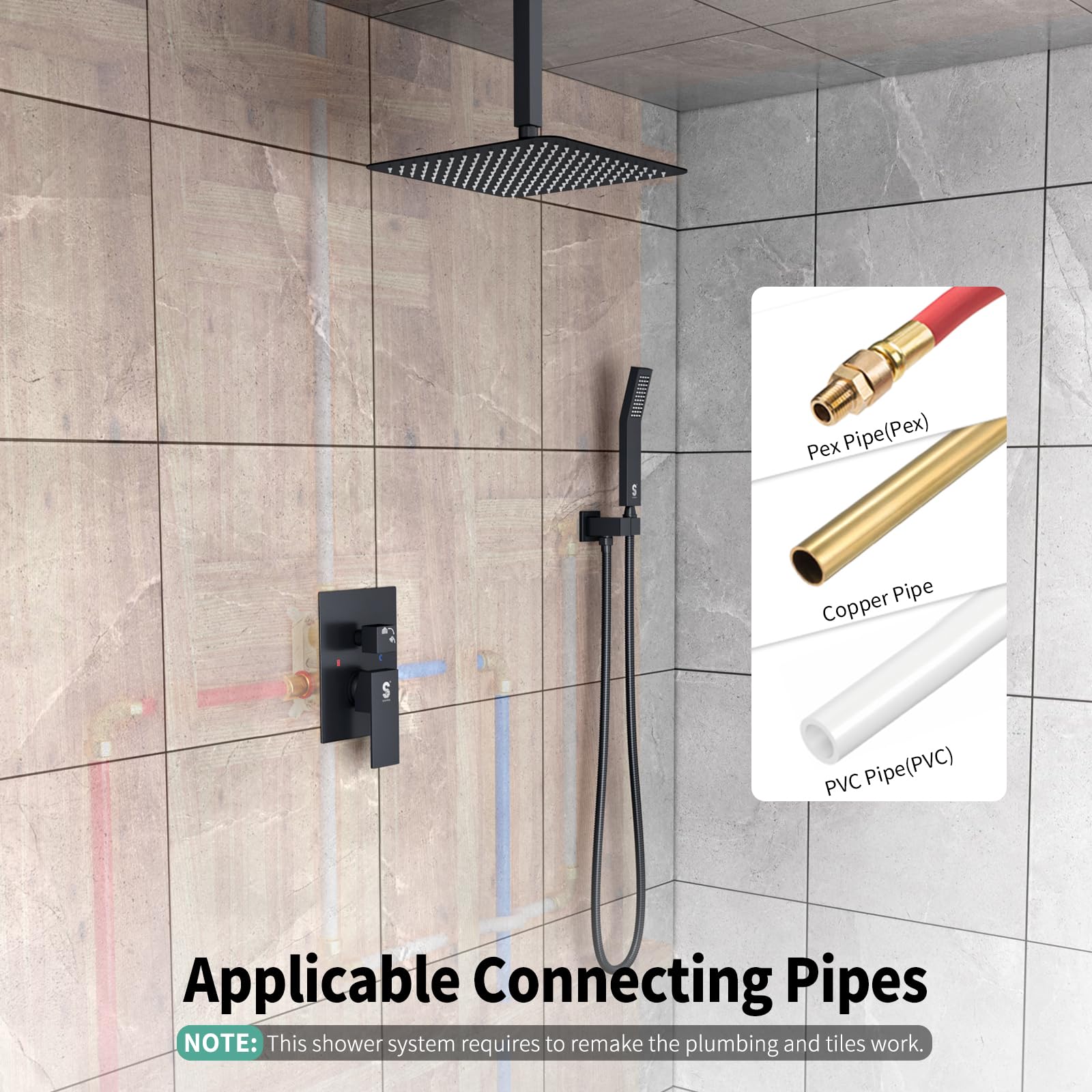 SR SUN RISE ceiling-mounted shower arm in stainless steel for a clean, modern look.