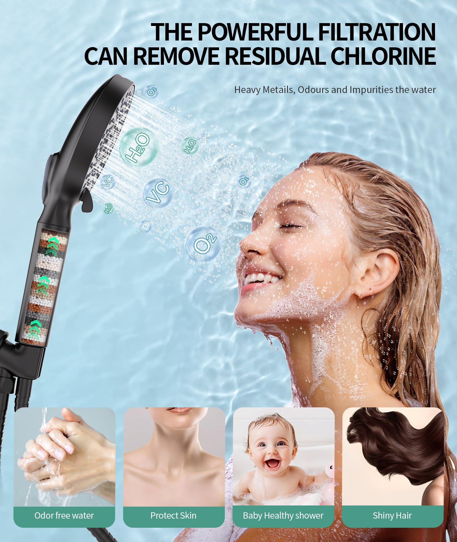 SR SUN RISE KDF and maifanstone filter layer removes chlorine and metals for clearer water