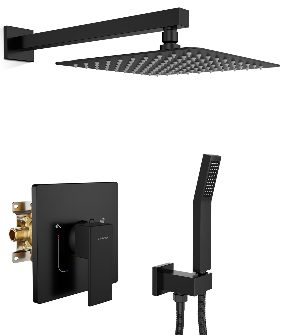 SR SUN RISE 10-inch rainfall showerhead delivers immersive coverage.