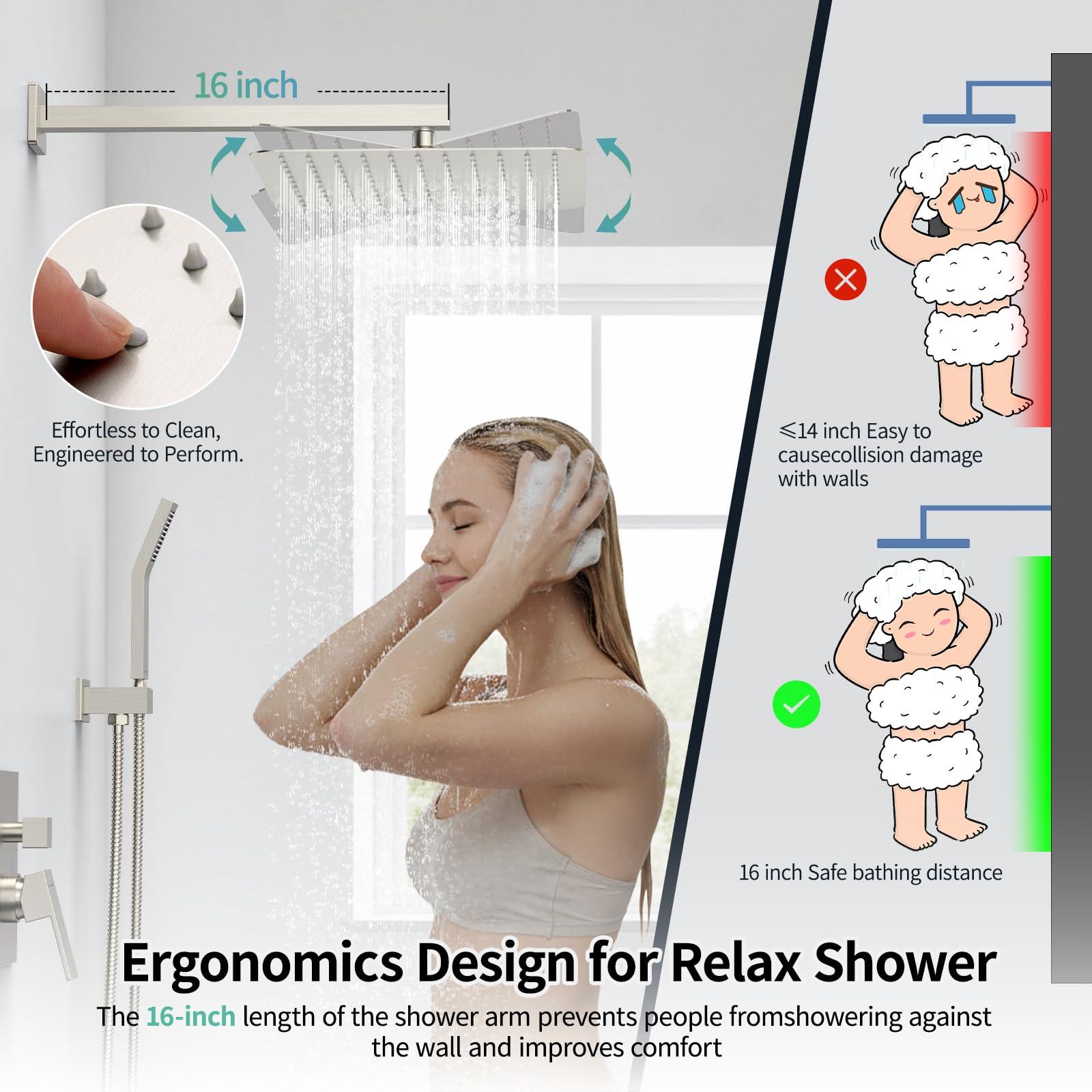 SR SUN RISE silicone-nozzle rain head resists mineral buildup and cleans easily.