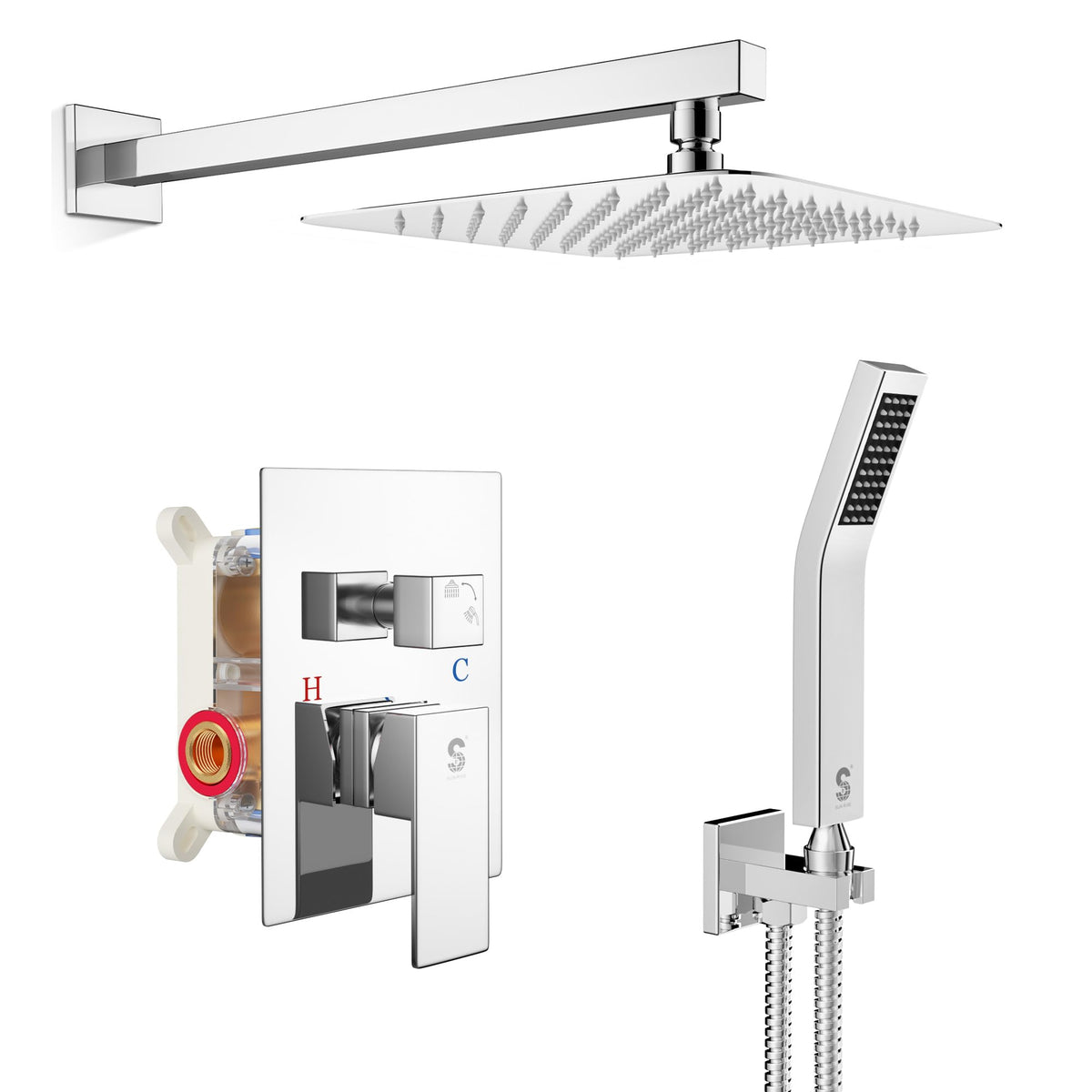 SR SUN RISE SRSH-F5043 rain shower head close-up with silicone nozzles for easy mineral wipe