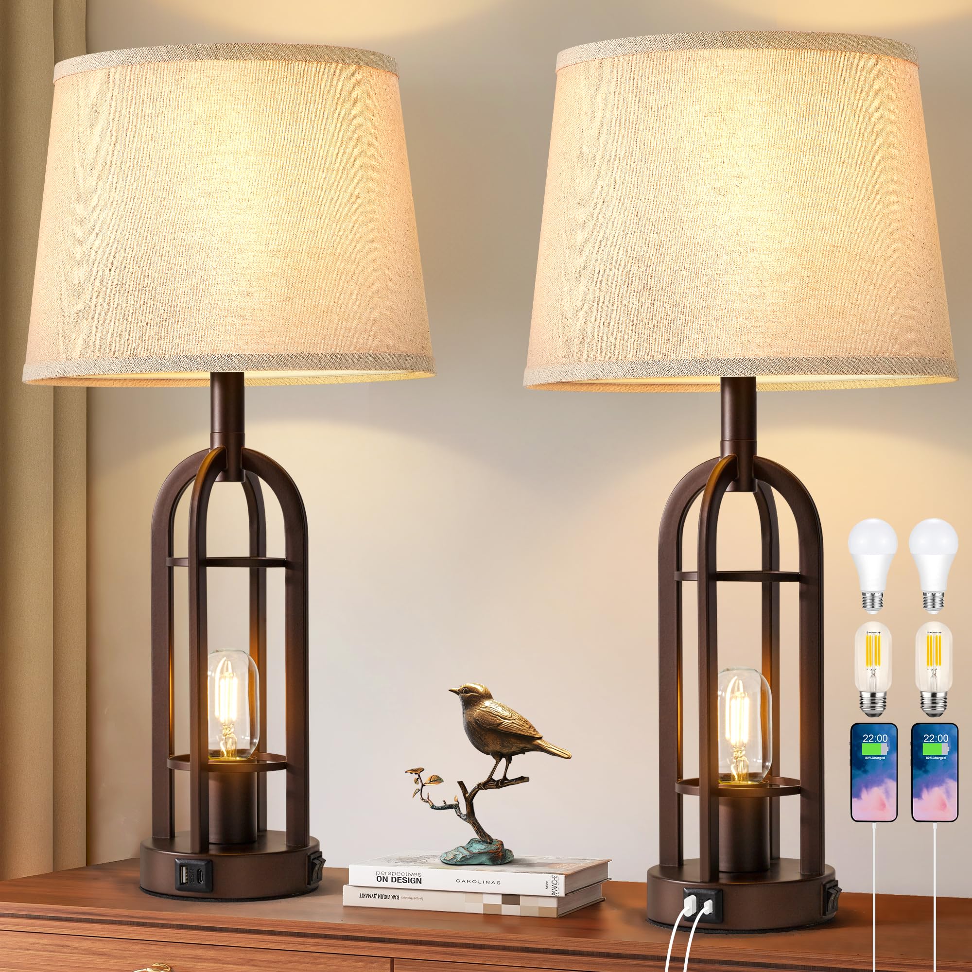 SRJJA table lamp dual-light setup on an end table for versatile living room use