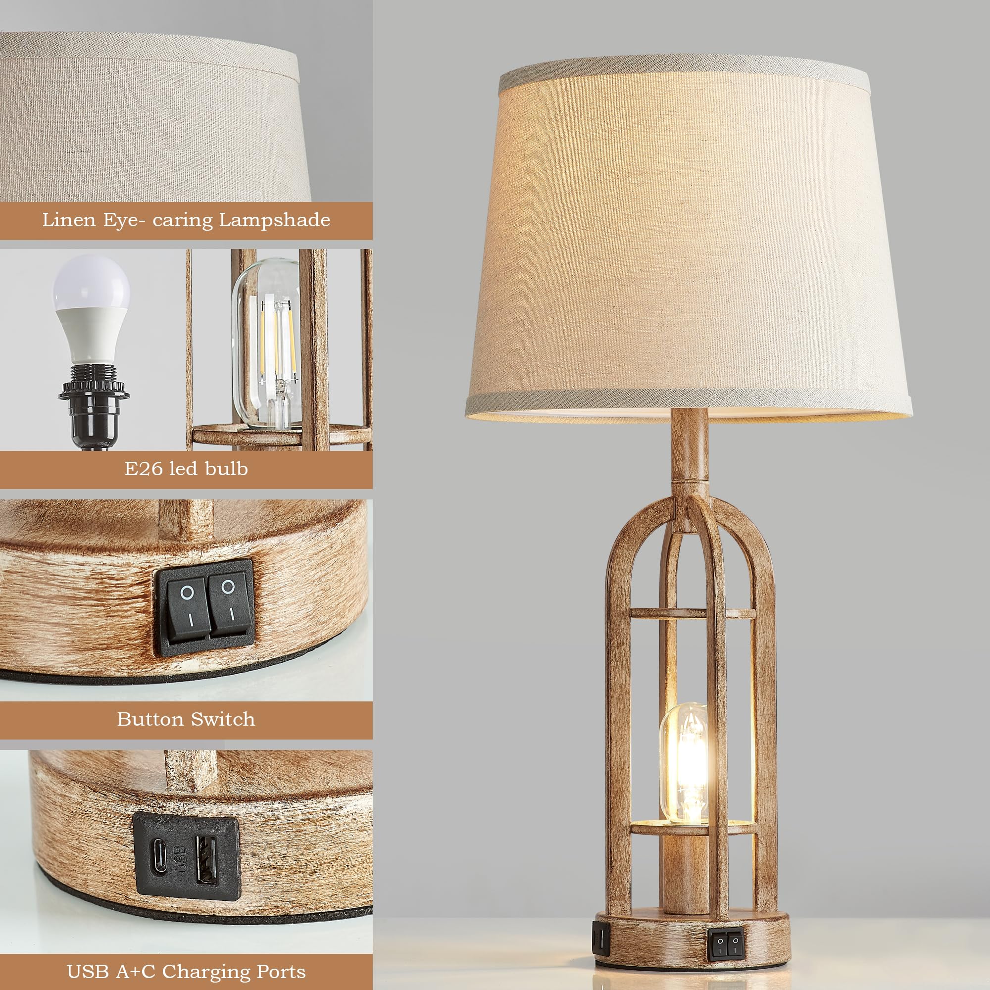 SRJJA farmhouse metal body with linen shade adds rustic charm