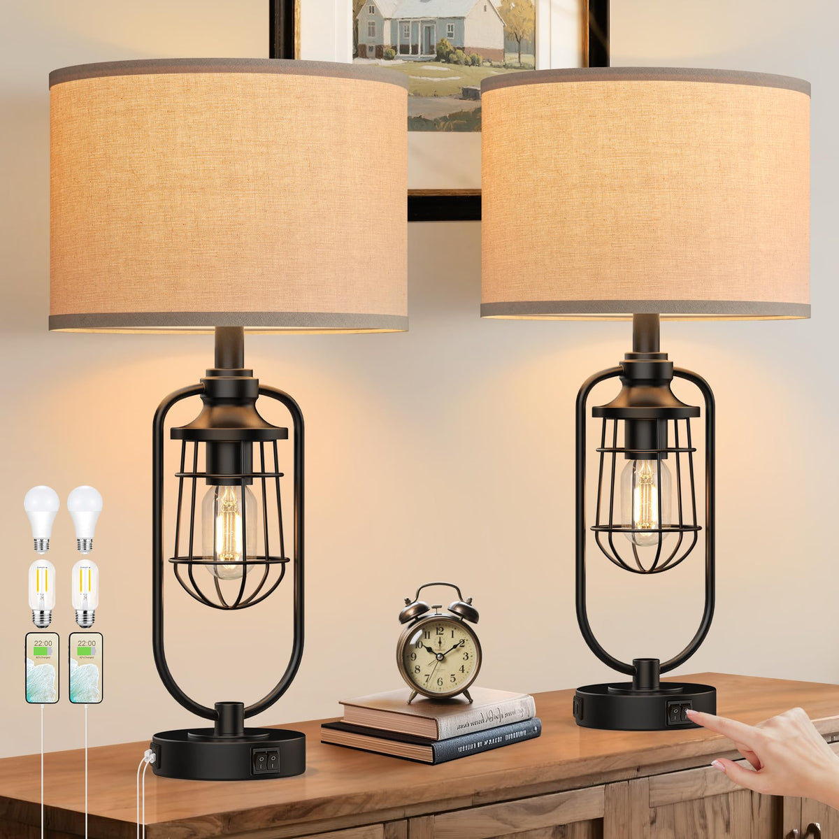 SRJJRS 24in farmhouse lamps pair on a living room table for ambient lighting.