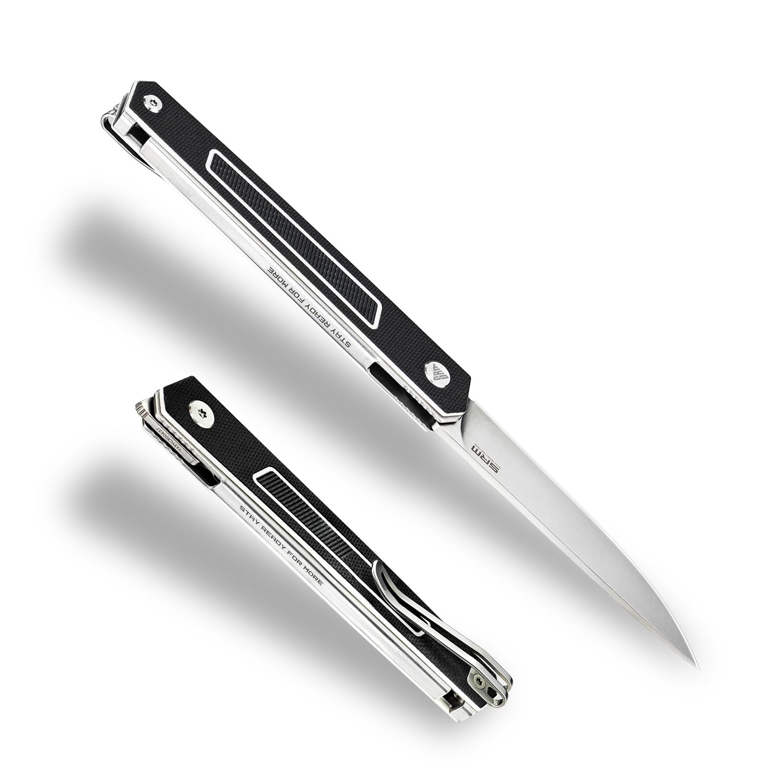 SRM folding knife with flipper-open design for one-handed access.