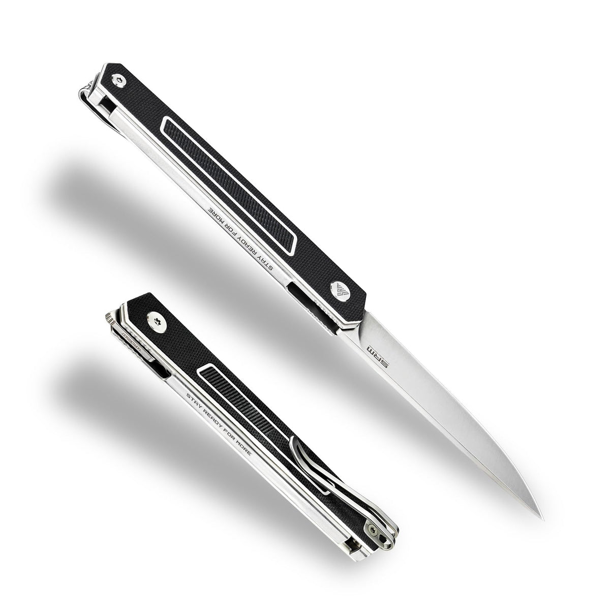 SRM folding knife with flipper-open design for one-handed access.